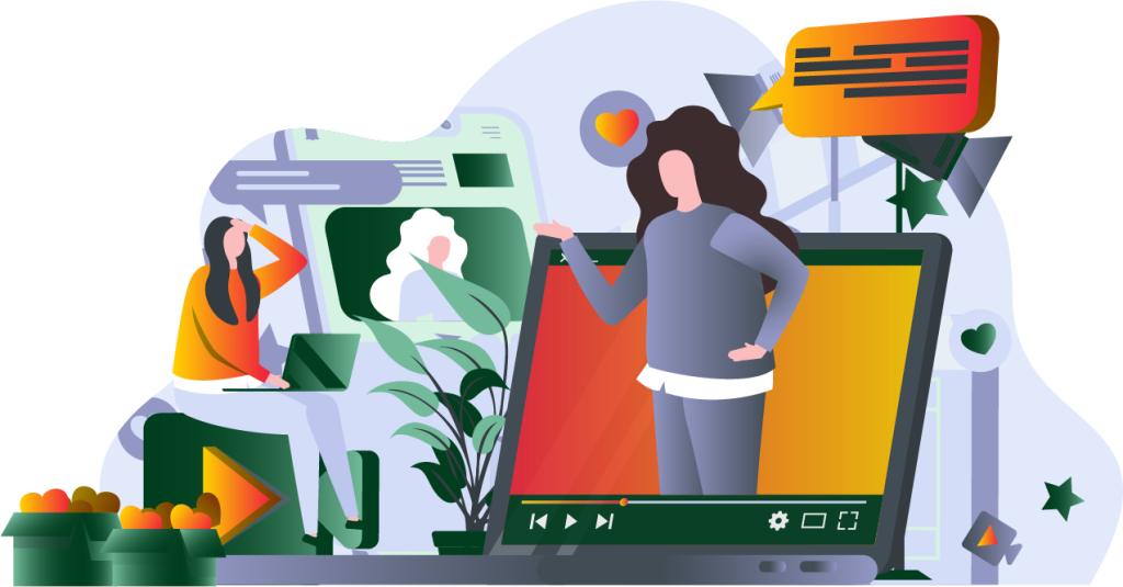 Grafisches Bild zum Thema Videomarketing. Onlinemeeting mit zwei Personen und Smartphone im Hintergrund