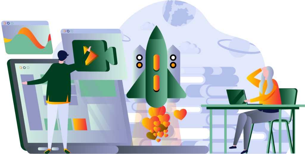 Grafisches Bild einer startenden Rakete und zwei Personen zum Thema Postproduktion